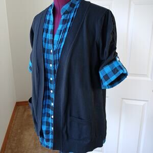 GNW Indigo Teal Layered Look Cardigan Blouse L plaid pintuck tunic roll sleeve